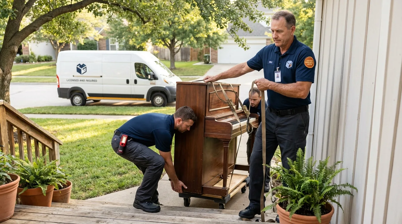 Licensed piano movers securing grand piano in Martinez, CA